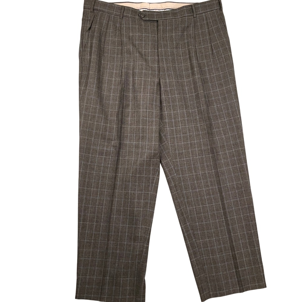 BALLIN Pants‎ Men 40W 30L Brown Gray Plaid Classic Wool Cashmere Dress Trousers